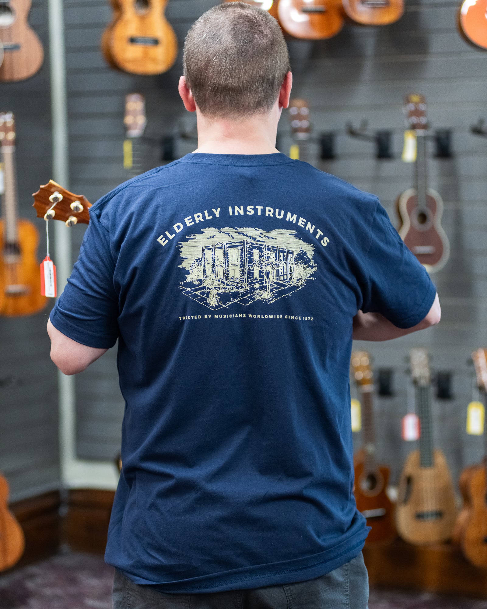 Elderly Instruments, Elderly Instruments 2-Sided Logo-Building Shirt, Navy (Various Sizes)