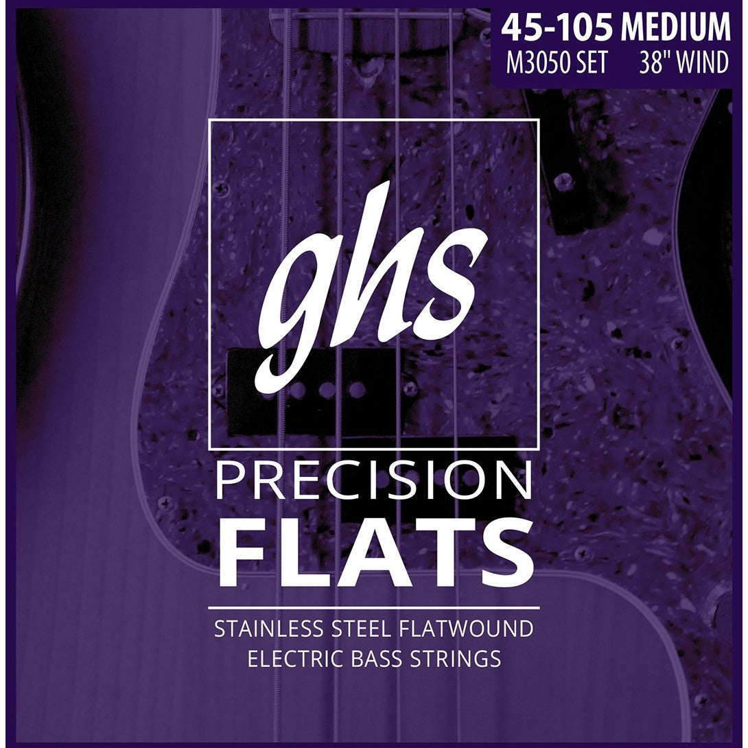 GHS, GHS M3050 Precision Flatwound Stainless Steel Medium Gauge Electric Bass Strings, Long Scale Plus