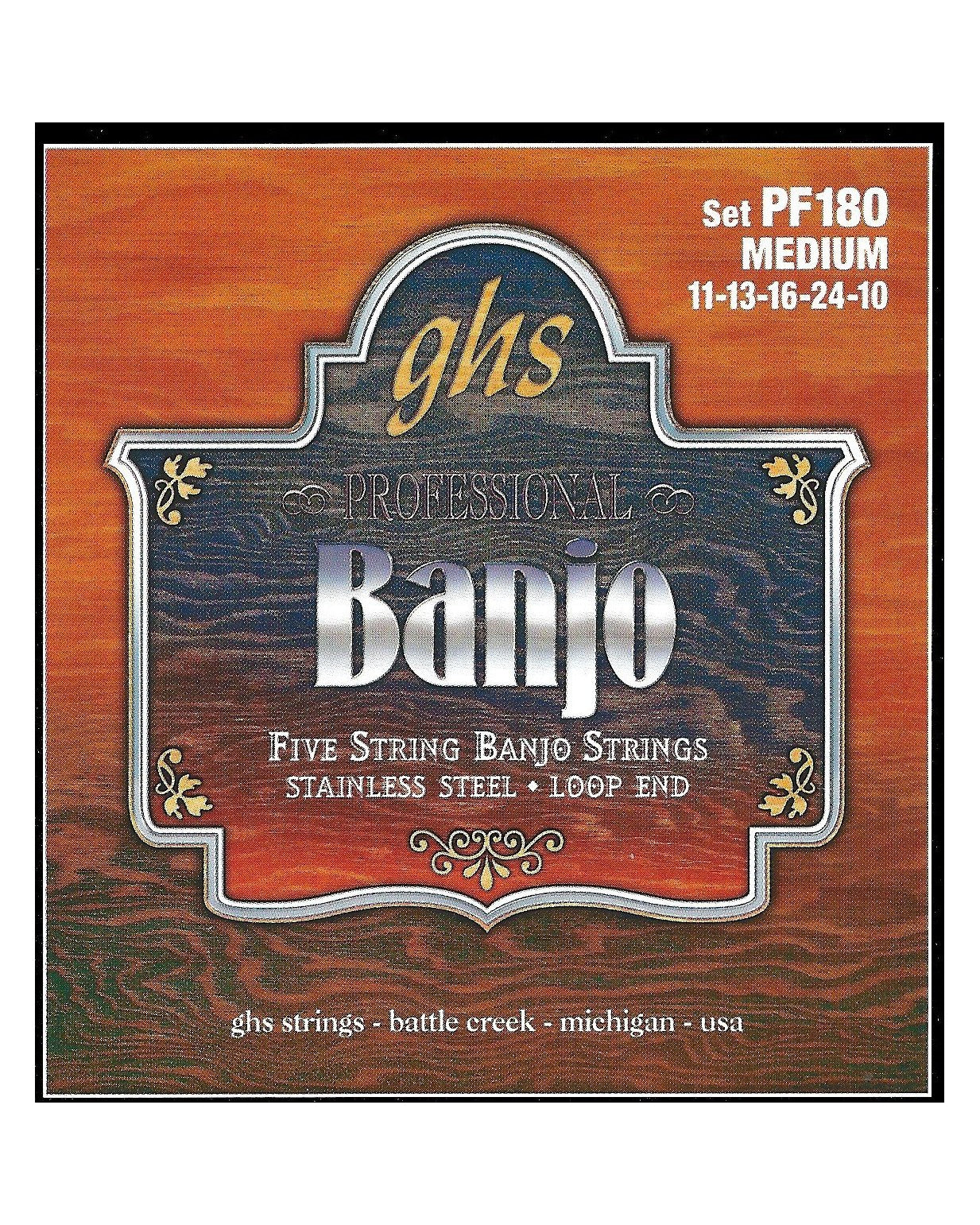 GHS, GHS PF180 Stainless Steel Loop End Medium Gauge 5-String Banjo Strings