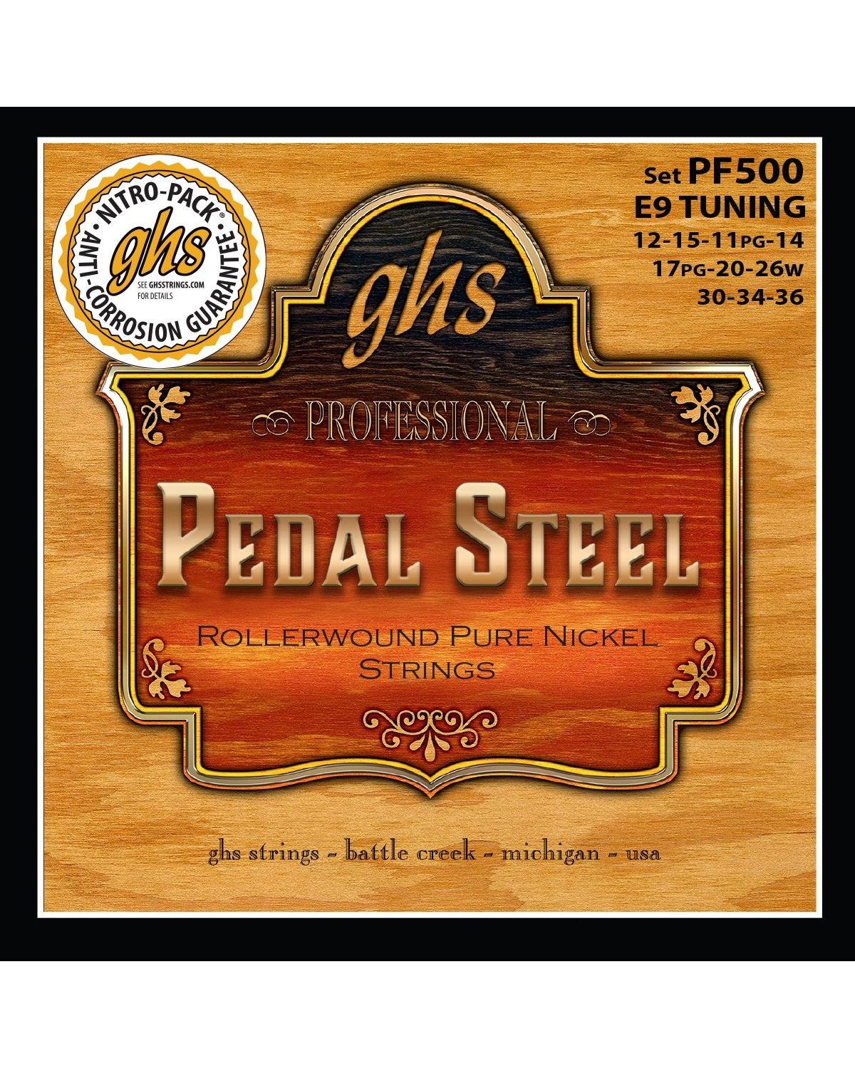 GHS, GHS PF500 Pure Nickel Semi-Flat E9th Tuning 10-String Electric Pedal Steel Guitar Strings